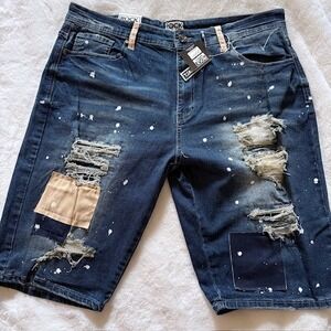 Rock Salt Mens Distressed Denim Shorts Paint Splatter Patchwork 38 R911500-DB
